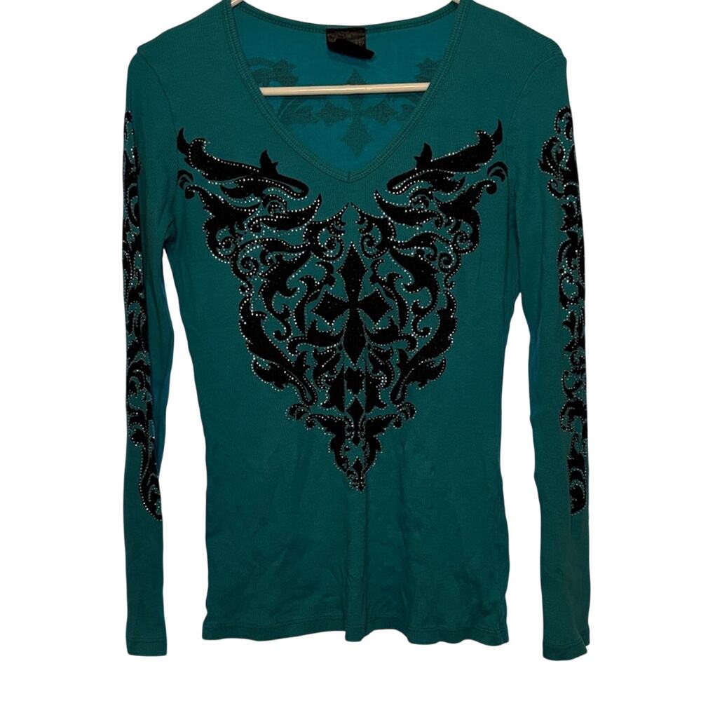 Women’s Teal V-Neck Long Sleeve Top with Black Embellishments Size Medium
